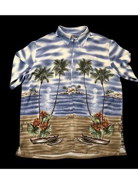 Croft & Barrow Mens Tropical Hawaiian Button-Up Shirt Size L Blue & Brown